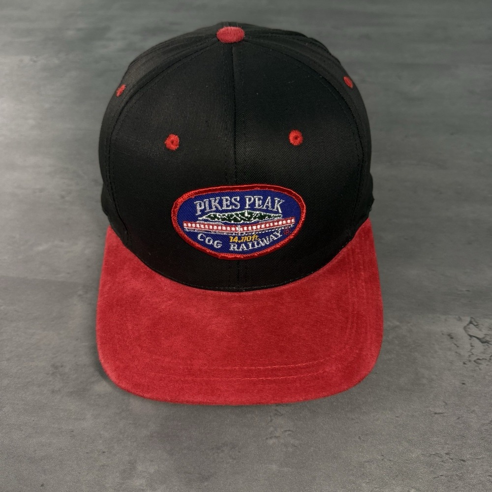 Vintage Pikes Peak‎ Cog Railway Snapback Hat Red Black Suede Brim Train Trucker